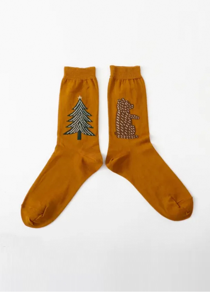 Forest Bear & Pine Tree Mid-Calf Socks